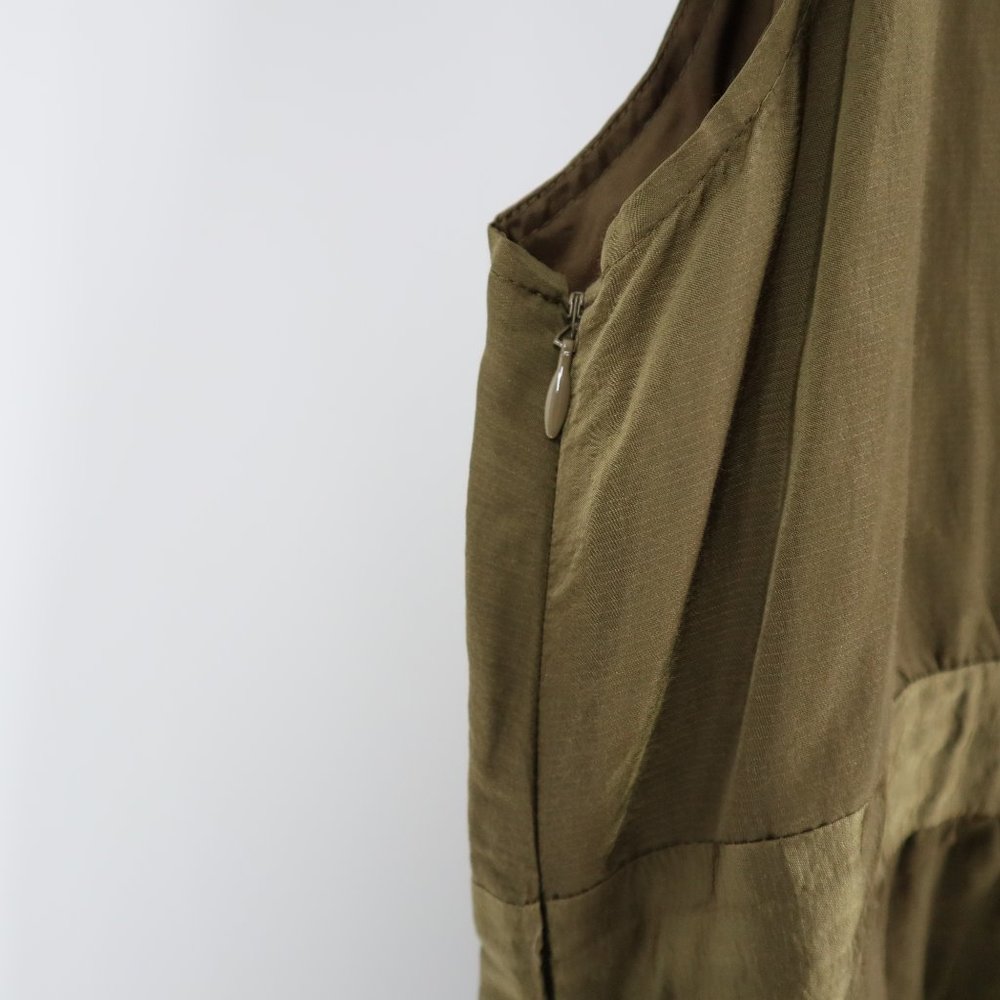 Eileen Fisher Sleeveless Satin Tie Waist V-Neck Dress Green/Brown - Picture 11 of 11